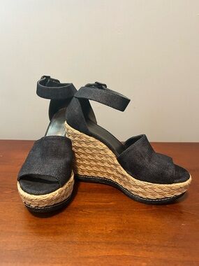 Stuart Weitzman Sohojute Dark Denim Espadrille Ankle-Strap Wedge Sandals